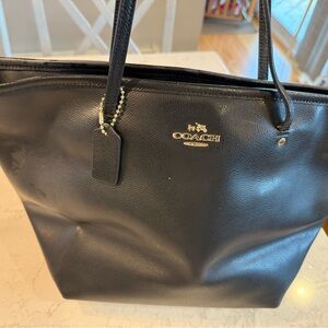 Coach Black Leather Tote with Gold Logo